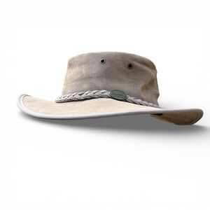 BARMAH Foldaway Suede Beige Wide Brim Hat with Braided Detail Australia